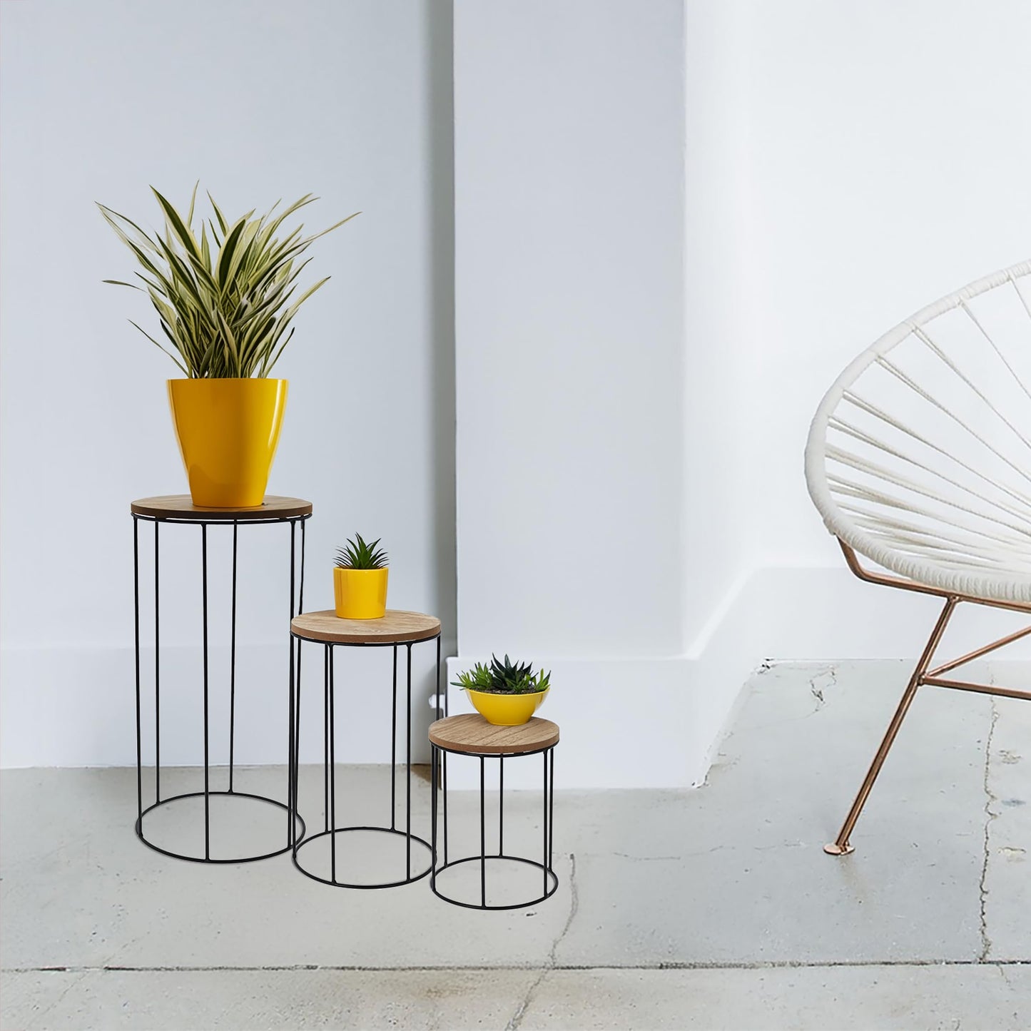 Wooden flower stool round 3-piece set - Ø 16/18 / 21 cm - Plant stand with metal frame - Flower column plant stand decorative stand side table