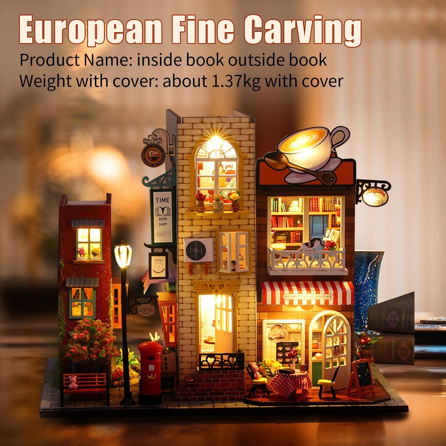 CRIOLPO Book Nook Kit - DIY dollhouse wooden miniature house kit, book corner miniature kit for adults, teens; 3D wooden puzzle bookshelf insert kits with sensor LED light - outside the book.