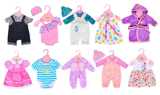 10 sets of doll clothes outfits for 14 to 16 inch newborn baby dolls and for 18 inch American Girl dolls.