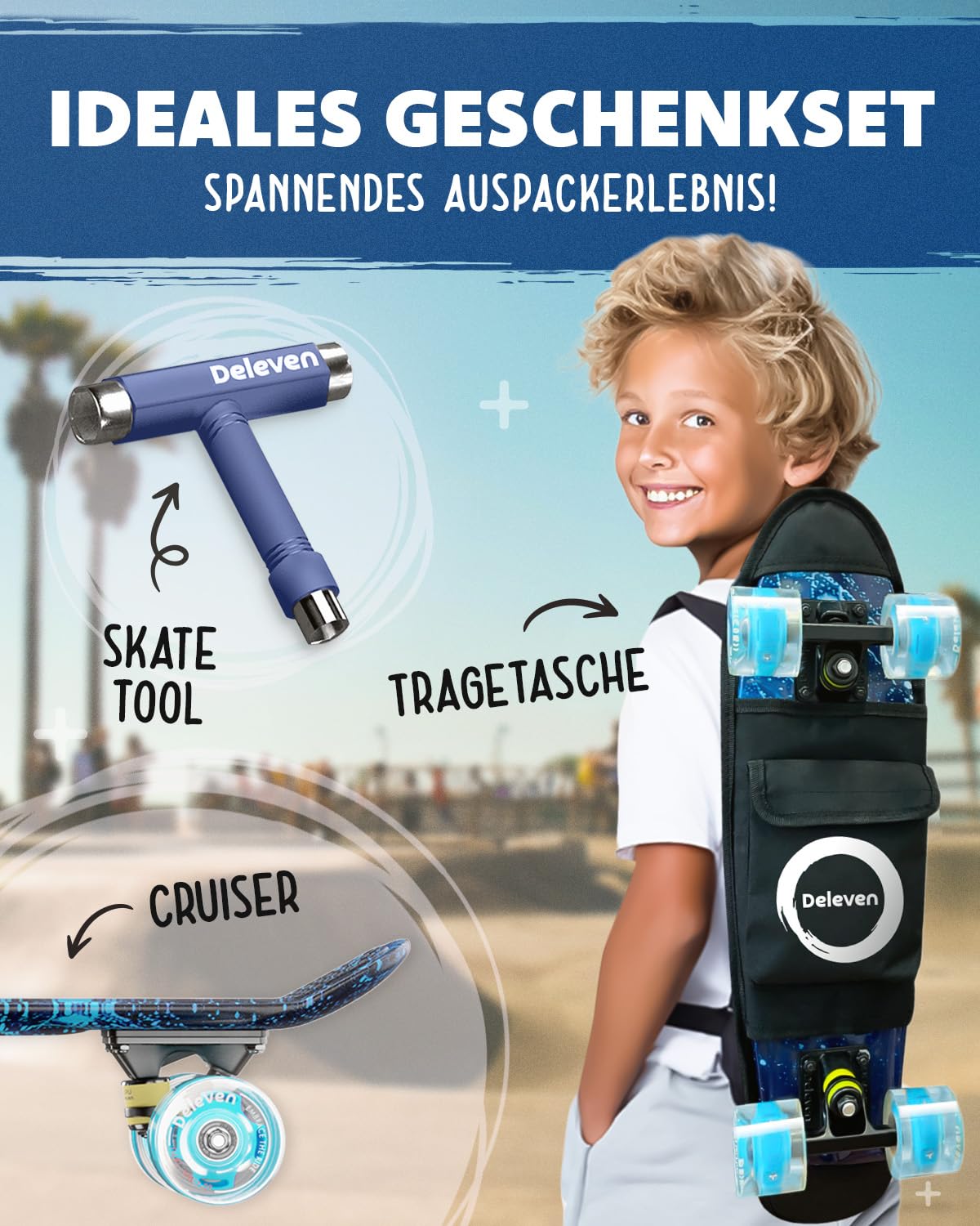 Deleven skateboard with carrying bag, LED wheels, skate tool, and ABEC 7 bearings - for kids, adults, and beginners - 56 cm