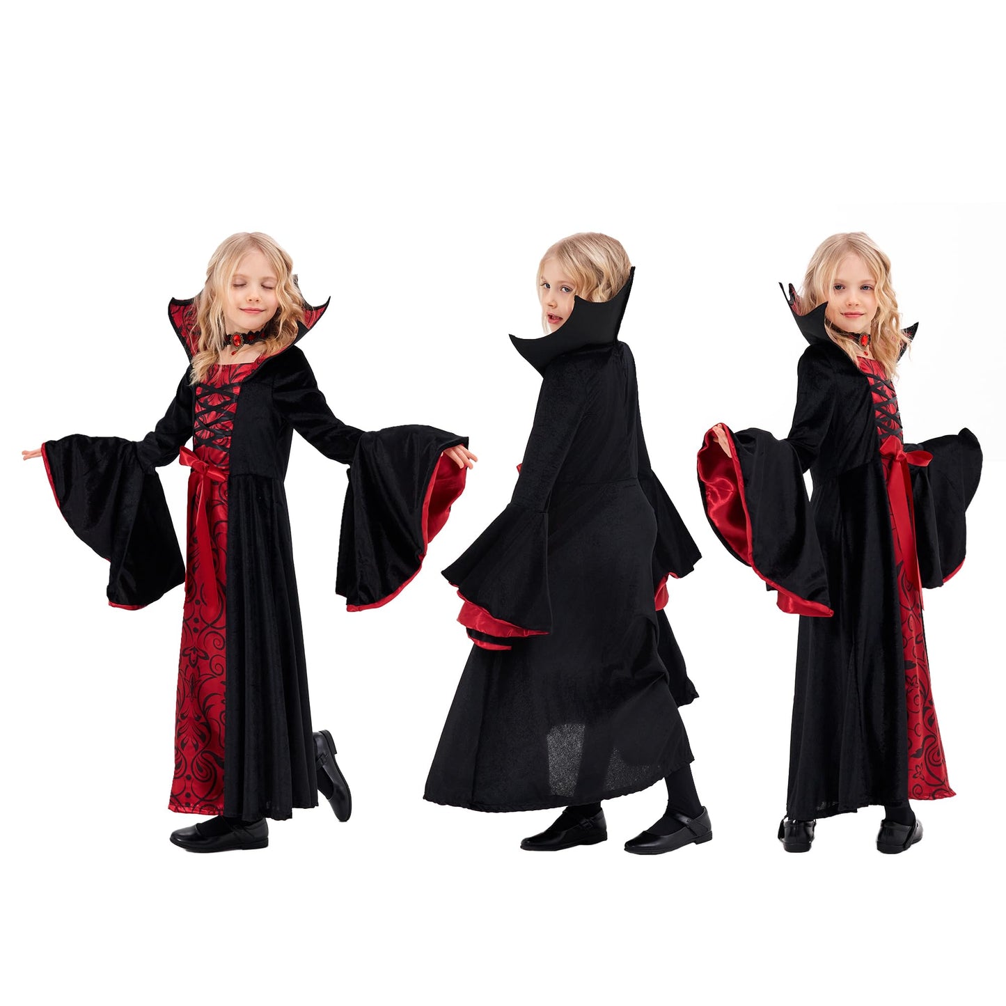 Funnlot Vampire Costume Girls Gothic Halloween Costume Dress with Vampire Teeth Kids Carnival Costume Cosplay M(7-9 Years)