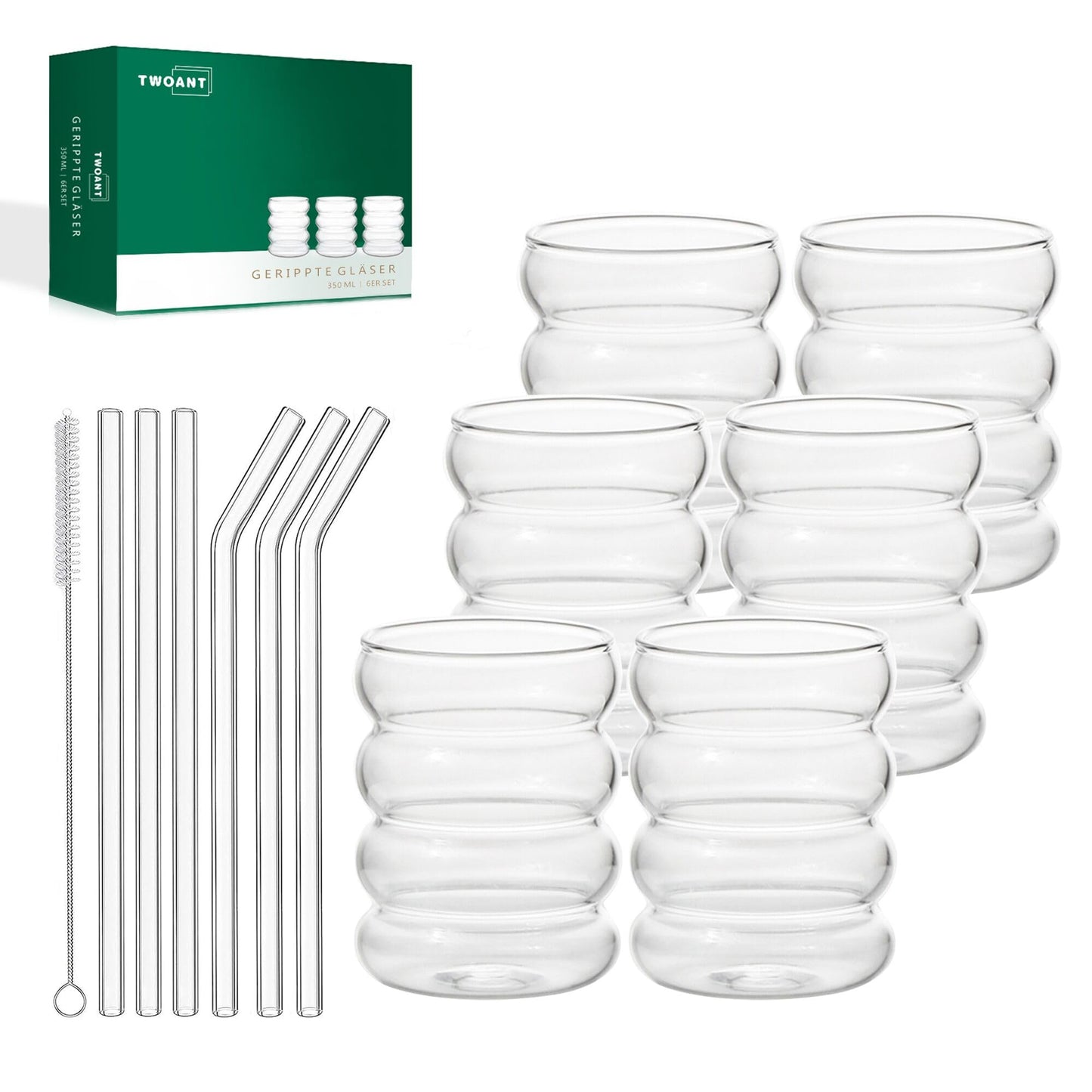 Ribbed Glasses Set (350ml x 6) Cocktail Glasses Wavy Water Glasses Drink Glasses Juice Glasses Drinking Glasses made of glass Glasses for Water Drinking Juice Universal Glasses with glass straws and brushes