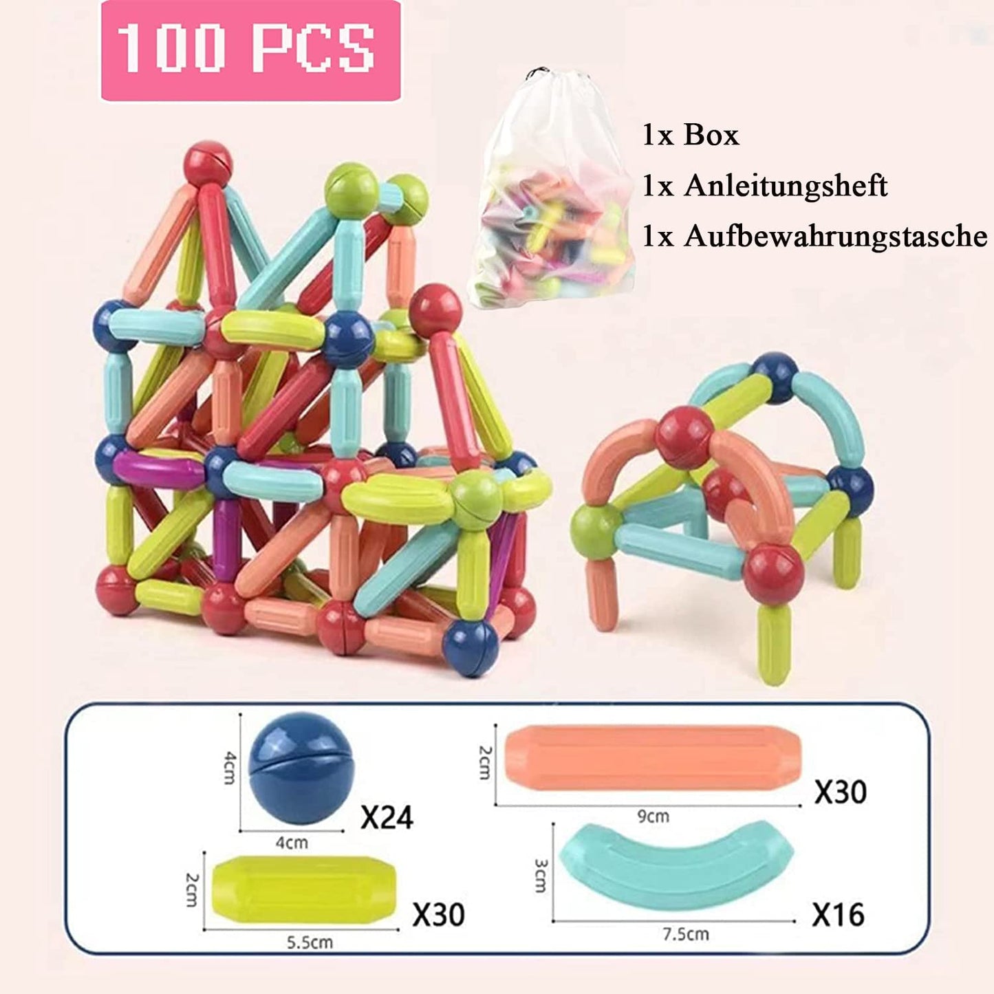100 pieces of magnetic building blocks for children ages 2, 3, 4, 5, 6, 7. Educational magnet toy for kids, Montessori learning game with balls and rods. Perfect gift for girls and boys.