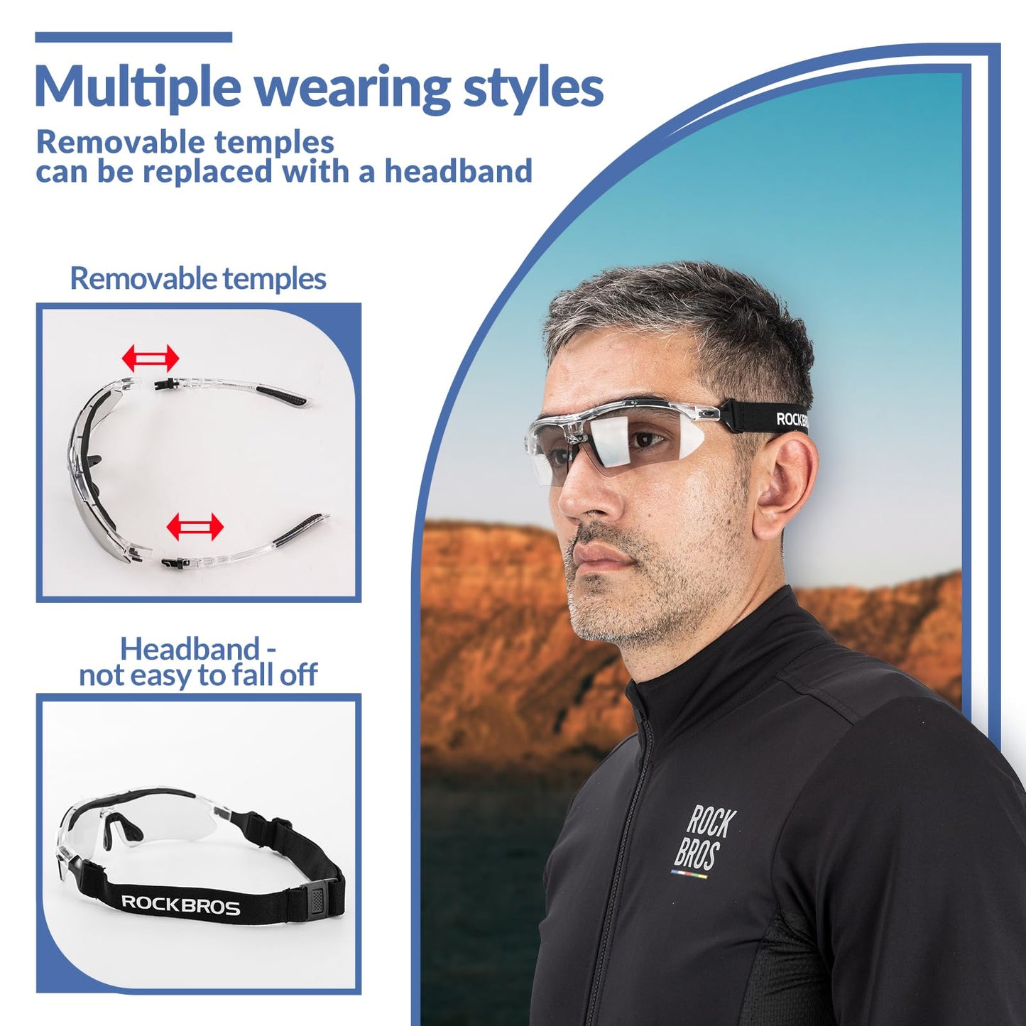 ROCKBROS self-tinting cycling glasses sunglasses for men/women with UV 400 and headband for eyeglass wearers. Ideal for outdoor activities like running and mountain biking. Transparent lenses.