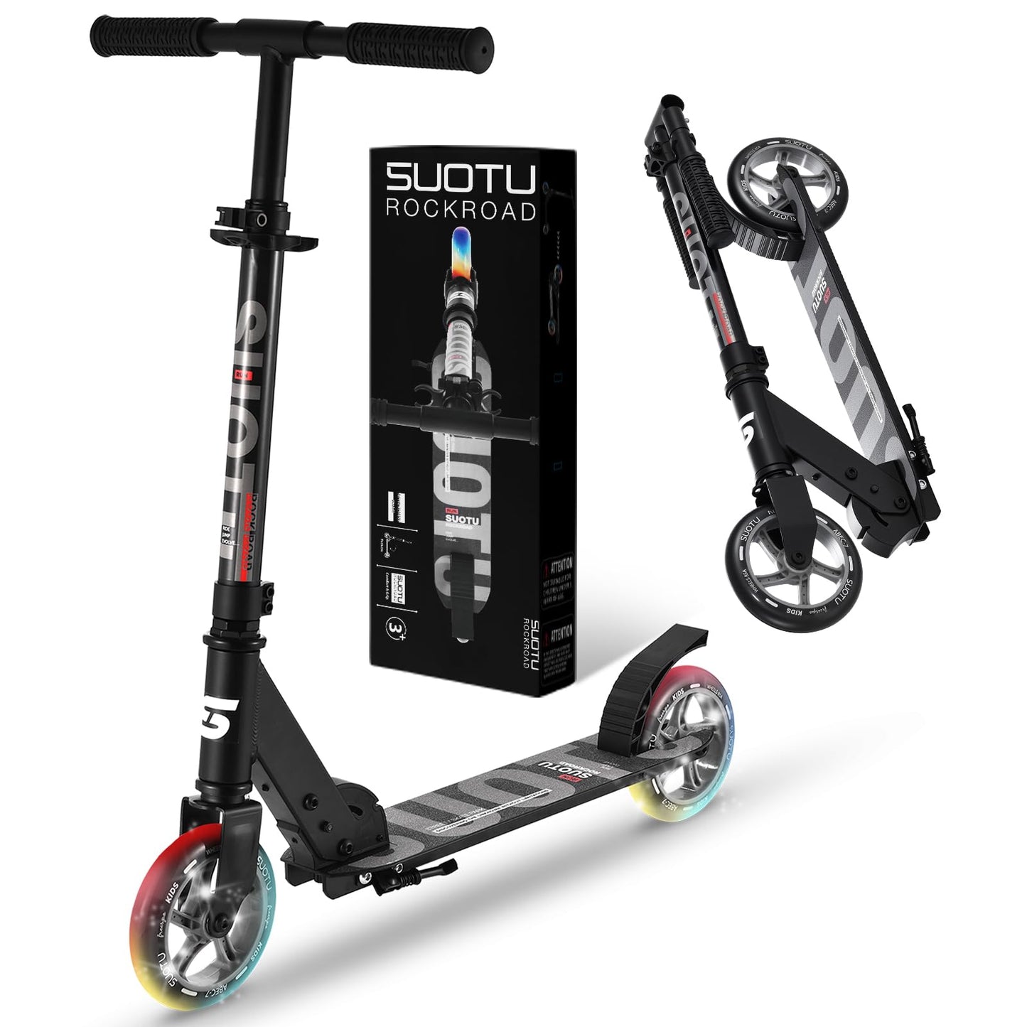 SUOTU Roller for kids with 145mm wheels, scooter with light-up wheel for ages 3-12, foldable, adjustable height, city scooter for boys and girls, aluminum (black)