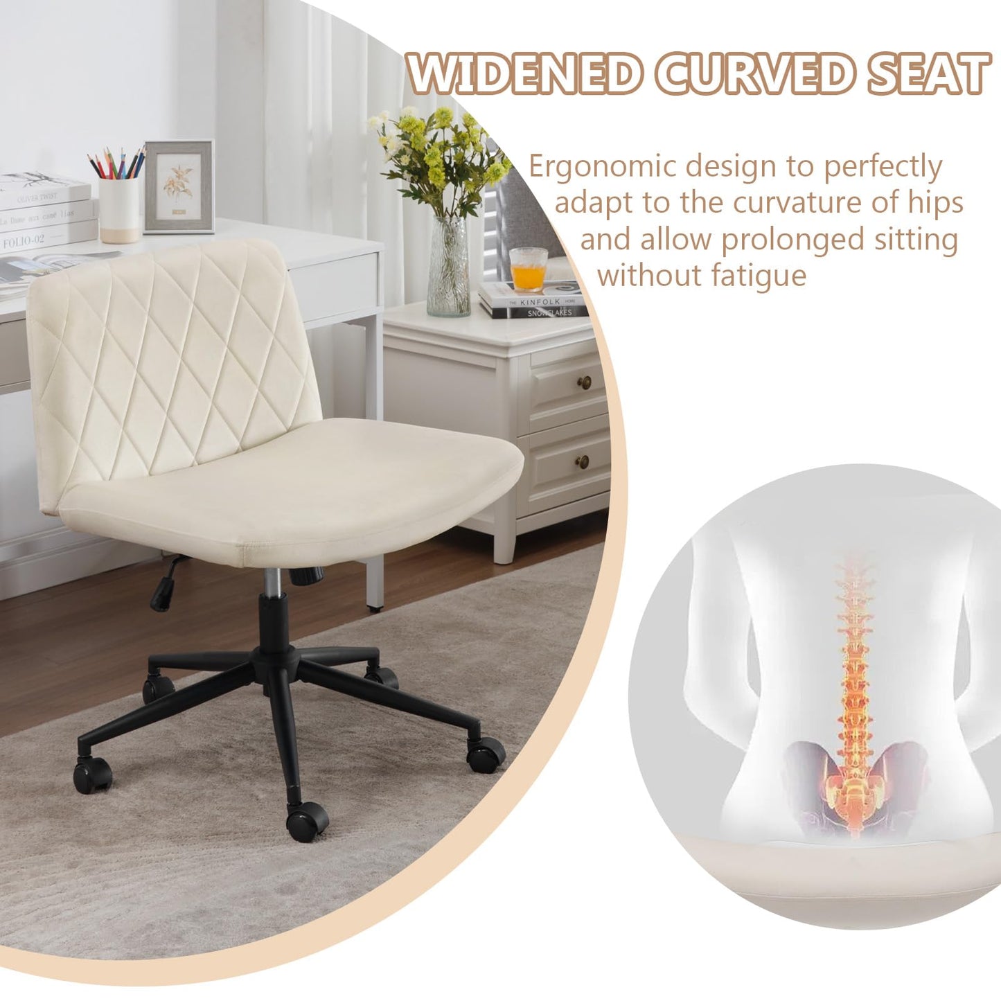 WOLTU office chair armless, desk chair wide seat, swivel chair height adjustable, ergonomic seat cross-legged, reading chair 150 kg capacity, velvet, Beige BS160cm.