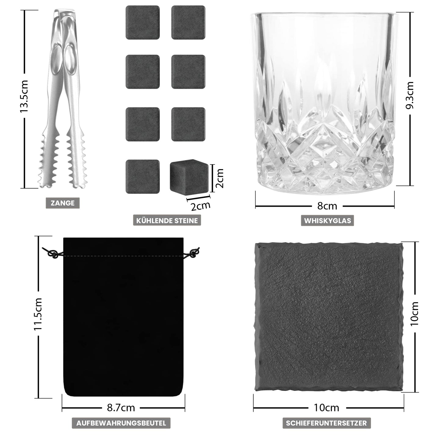 Twhisky Premium Whisky Glasses Gift Set - 2 Whiskey Tumblers 300 ml, 8 Reusable Whisky Stones made of Basalt, 2 Slate Coasters, Tongs & high-quality Gift Box