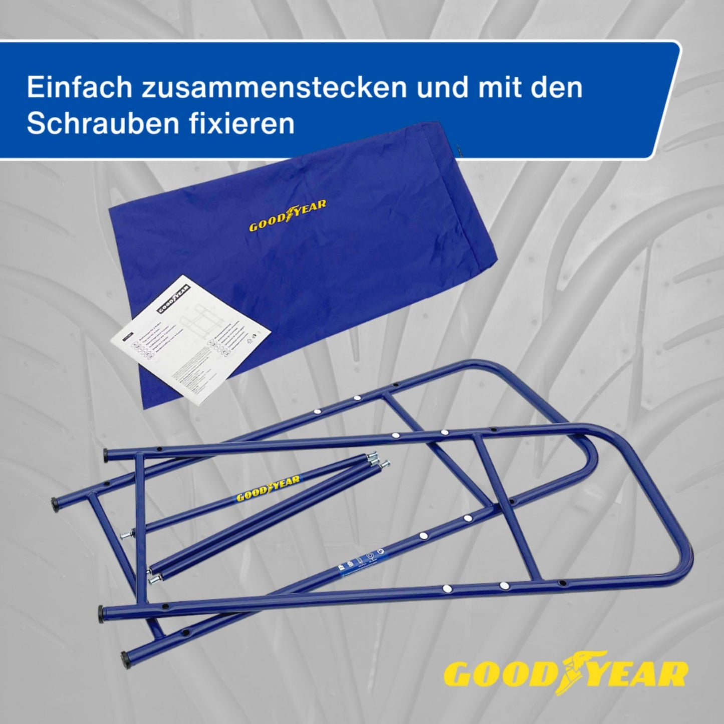 Goodyear tire rack for 4 tires, space-saving storage, height-adjustable, 2 levels, maximum load capacity up to 120 kg, blue.