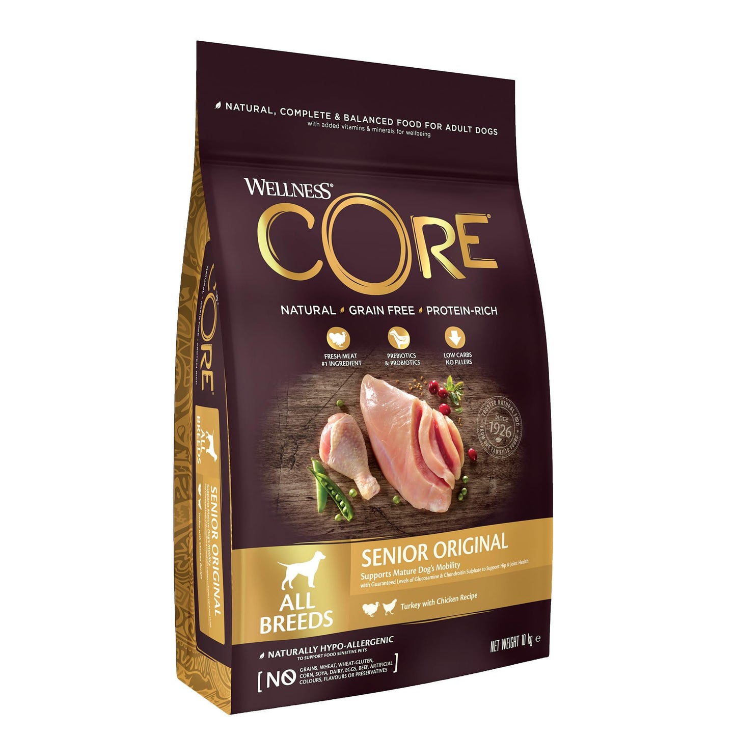 Wellness CORE Senior Original, Turkey & Chicken, 10 kg, dry dog food for aging dogs 7 years+, no added sugar, grain-free, high in meat content.