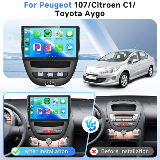 10.1-inch Carplay radio for Citroen C1/Toyota Aygo/Peugeot 107, Podofo touchscreen Android 2G+64G with Wireless Carplay Android Auto, Bluetooth/GPS/WiFi/FM/RDS/HiFi/USB/steering wheel control