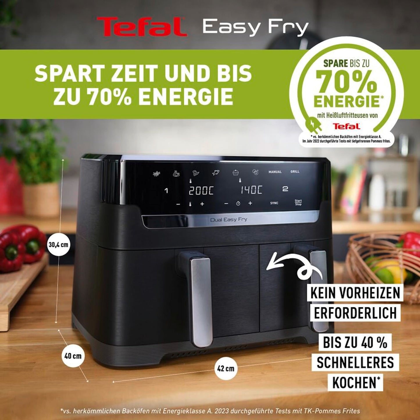 Tefal Dual Easy Fry hot air fryer with two chambers, 5.2/3.1 L capacity, two independent drawers, 7 automatic programs, energy-saving, black, EY9018.