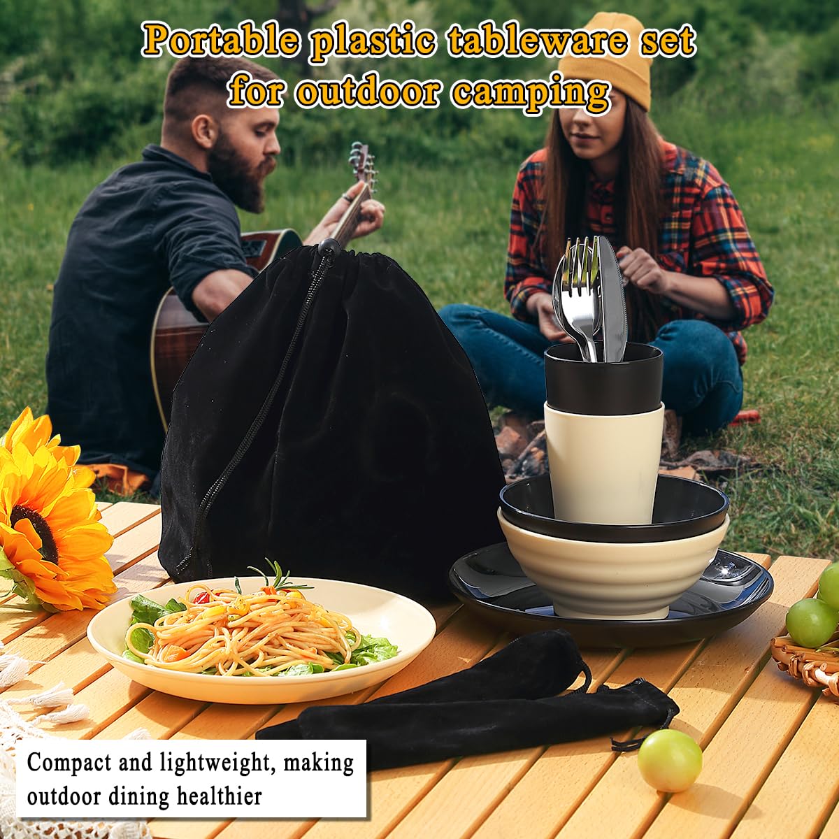 Kyraton Camping Cutlery Set, reusable Lightweight Cup, Bowls, Plates and Stainless Steel Cutlery with black pouch, dishwasher safe.