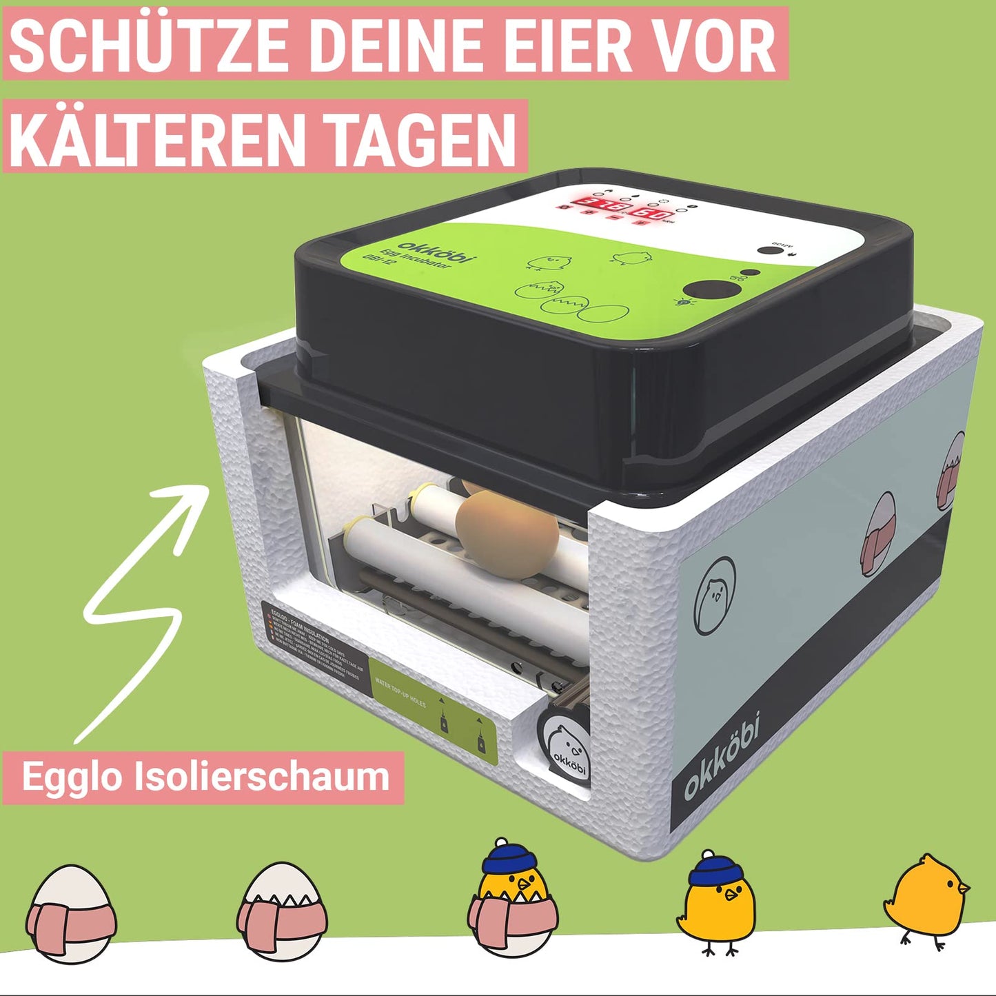 Incubator Fully Automatic 12 Eggs - Ideal for all age groups | Hatching Machine Chicken Egg Turning and Moisture Control - Integrated Eggshell + 5 Year Protection - Okköbi OBI-12