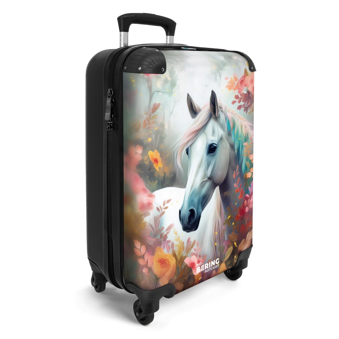 NoBoringSuitcases.com® Kids luggage suitcase girl trolley carry-on hard shell suitcase small gift - Kids - Horses - White - Kids suitcase girls suitcase small, 55x40x20