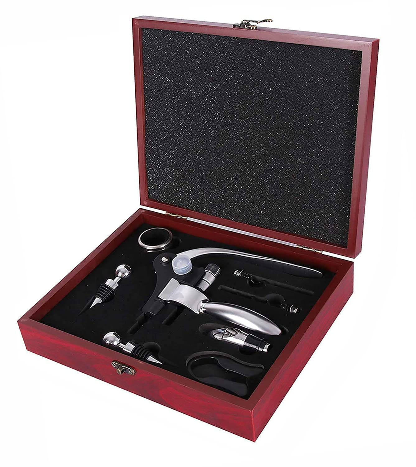 Corkscrew Wine Set: wine opener set with gift box, foil cutter, and bottle opener. Includes corkscrew, drip ring, wine stopper. Screwpull wine opener accessory gift set for men.
