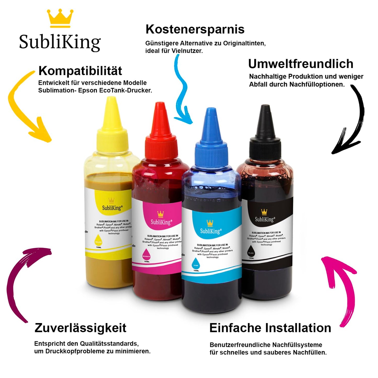 4x 100ml SubliKing® Sublimation Ink (CMYK set) for Epson, Ricoh, & Sawgrass.