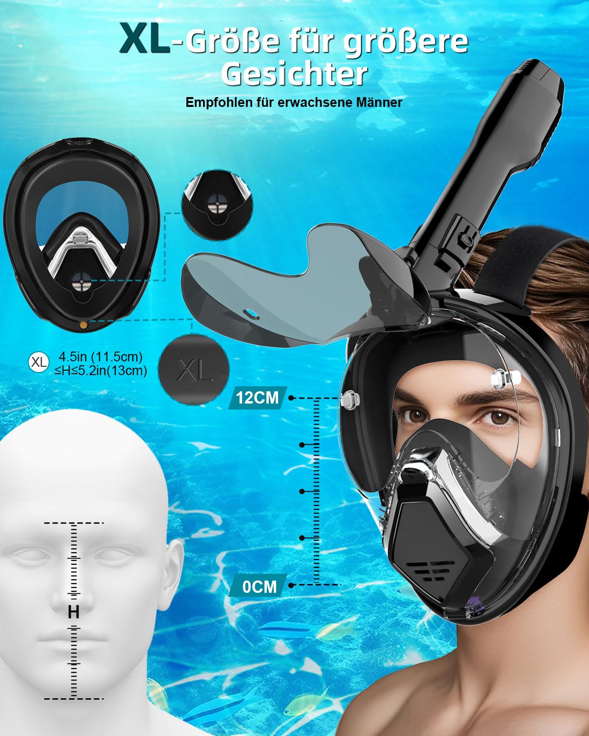 Adult snorkel mask, diving mask for adult man with foldable sun visor, full face mask with camera mount, 180° panoramic view and anti-fog, diving mask for glasses wearers.