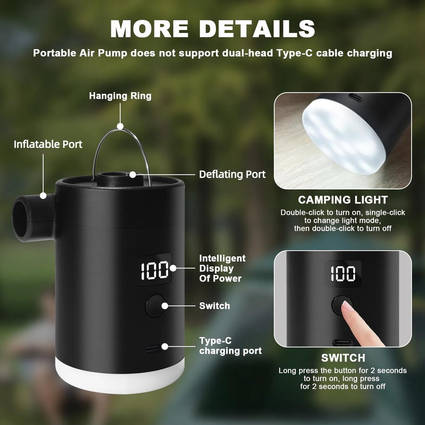 Portable Electric Air Pump: 4000mAh Type-C Rechargeable Battery, Ultra-light and Fast Inflating/Deflating Electric Air Pump with Camping Lantern for Air Mattresses (Black)