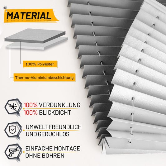 BelleMax pleated blind without drilling, blackout thermal pleated blind with clamp fixing, gray 100x130cm (WxH), blackout pleated blind 100% lightproof for windows, opaque privacy sun protection