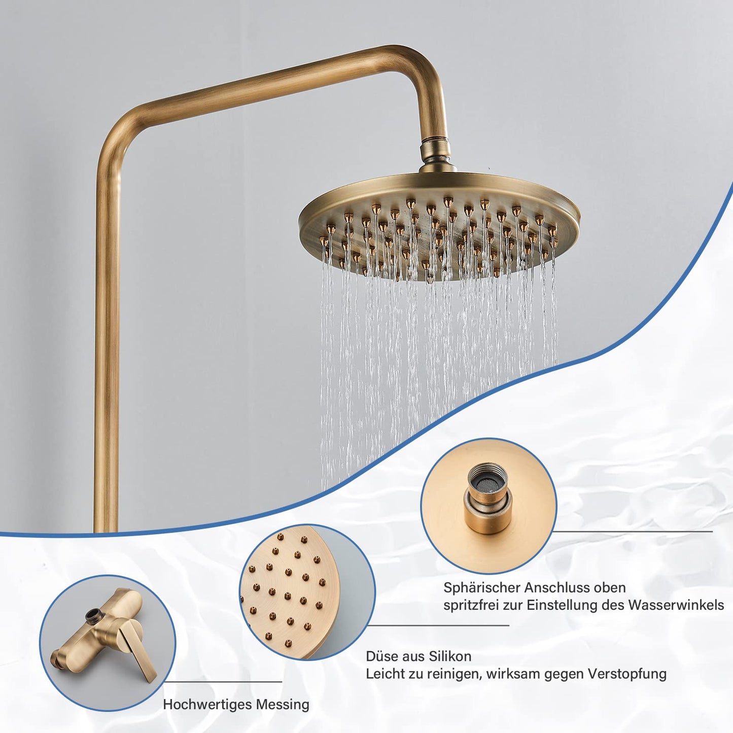 Rozin Antique Brass Shower System with 8 inch Rain Shower Head and Hand Shower Single Handle Wall Mounted Retro Shower Set.