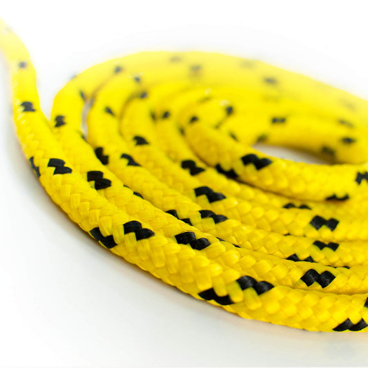 100m yellow 8mm polypropylene rope with a load capacity of up to 750kg. Braided textile cord made of plastic for various uses.