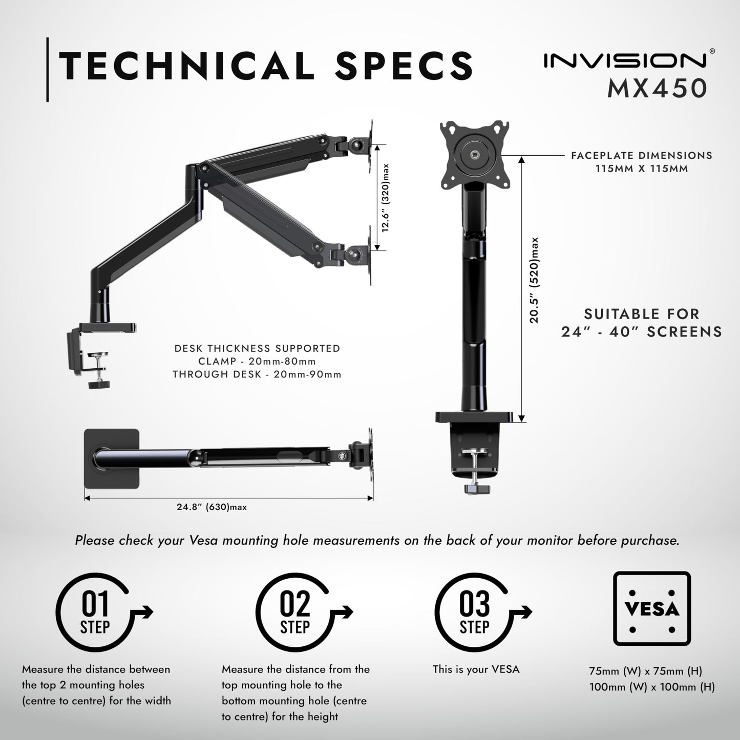 Invision monitor mount for 24-40 inch screens VESA 75-100 mm. Ergonomic, adjustable height, tilt, extendable. Supports 2-15 kg.