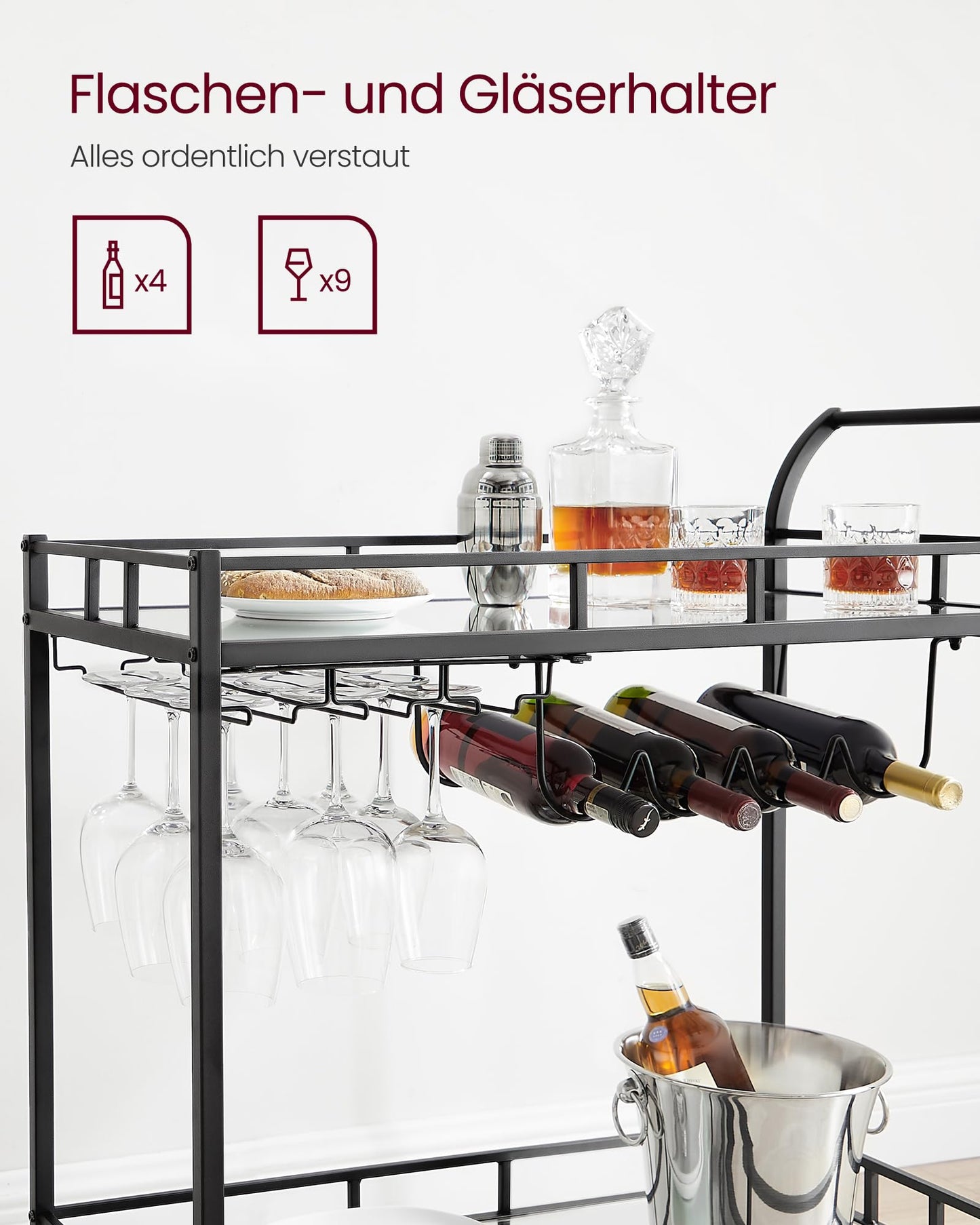 VASAGLE serving cart, rolling cart, glass holder, 2 mirrored glass shelves, bar cart, wine cart, for kitchen, dining room, bar, black LRC090B62