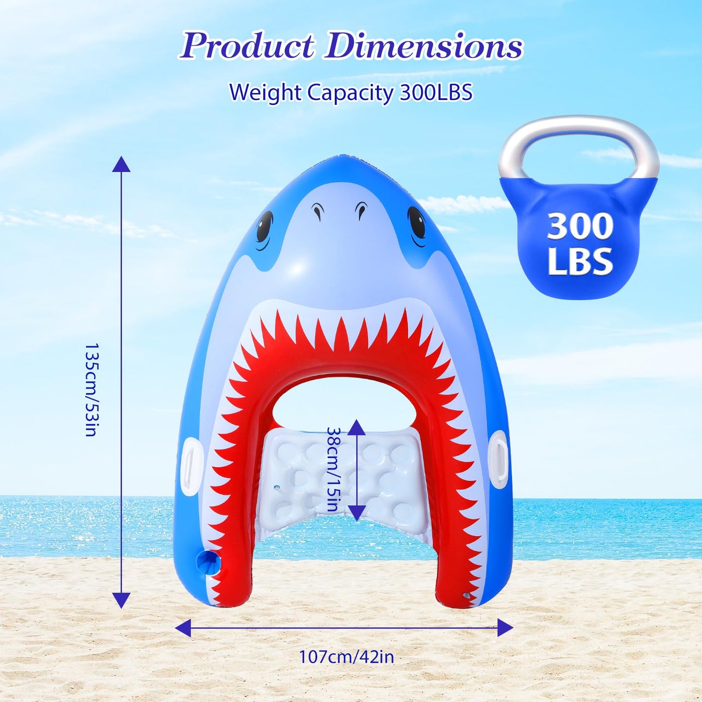 MoKo Pool Float for Adults, 135×107 cm Large Swim Bed with Cup Holder and Handles, Inflatable Sun Lounger Hammock Tanning Chair Pool Toy, 2 Pieces, Blue Shark