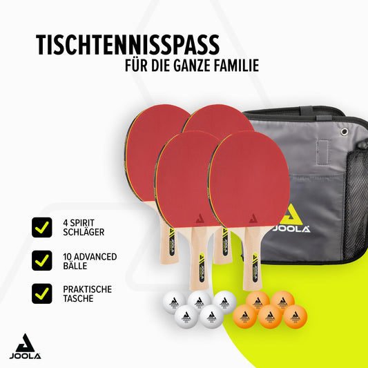 JOOLA Table Tennis Set Family, 4 table tennis rackets + 10 table tennis balls + bag, approx. W 30 x H 8 x D 35 cm.