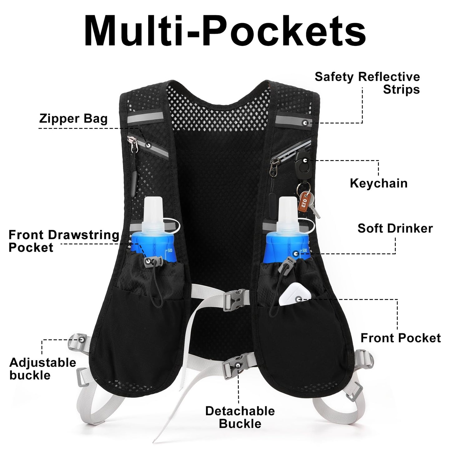 Running vest for women and men. Reflective hydration pack with 2 x 500 ML, adjustable chest straps, soft water bottles, front and back zipper backpack for cycling, hiking, running, outdoor activities.