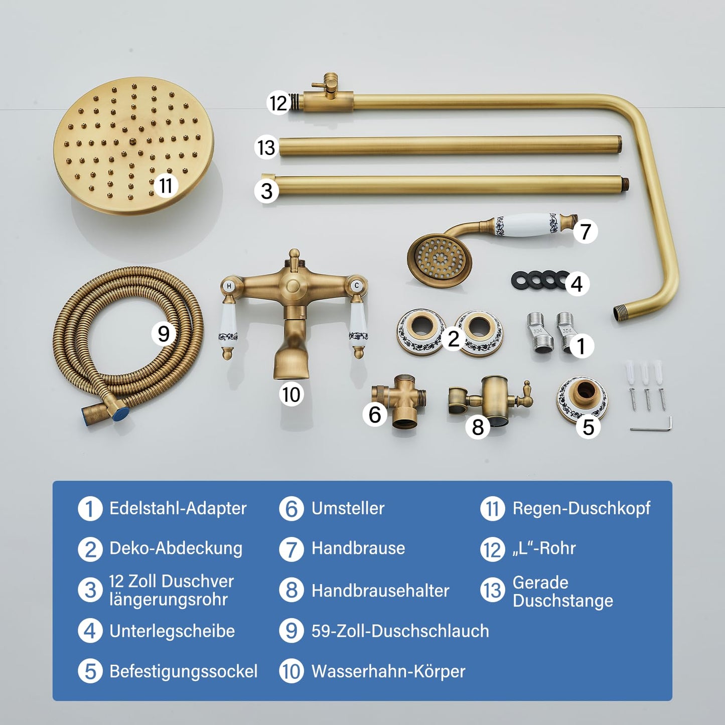 Suguword Vintage Brass Shower System with Ceramic Handles Tub Spout Brass Shower Faucet Shower Set Shower System Rain Shower Set with Shower Head Handheld Shower Head Anti-Limescale Shower Set