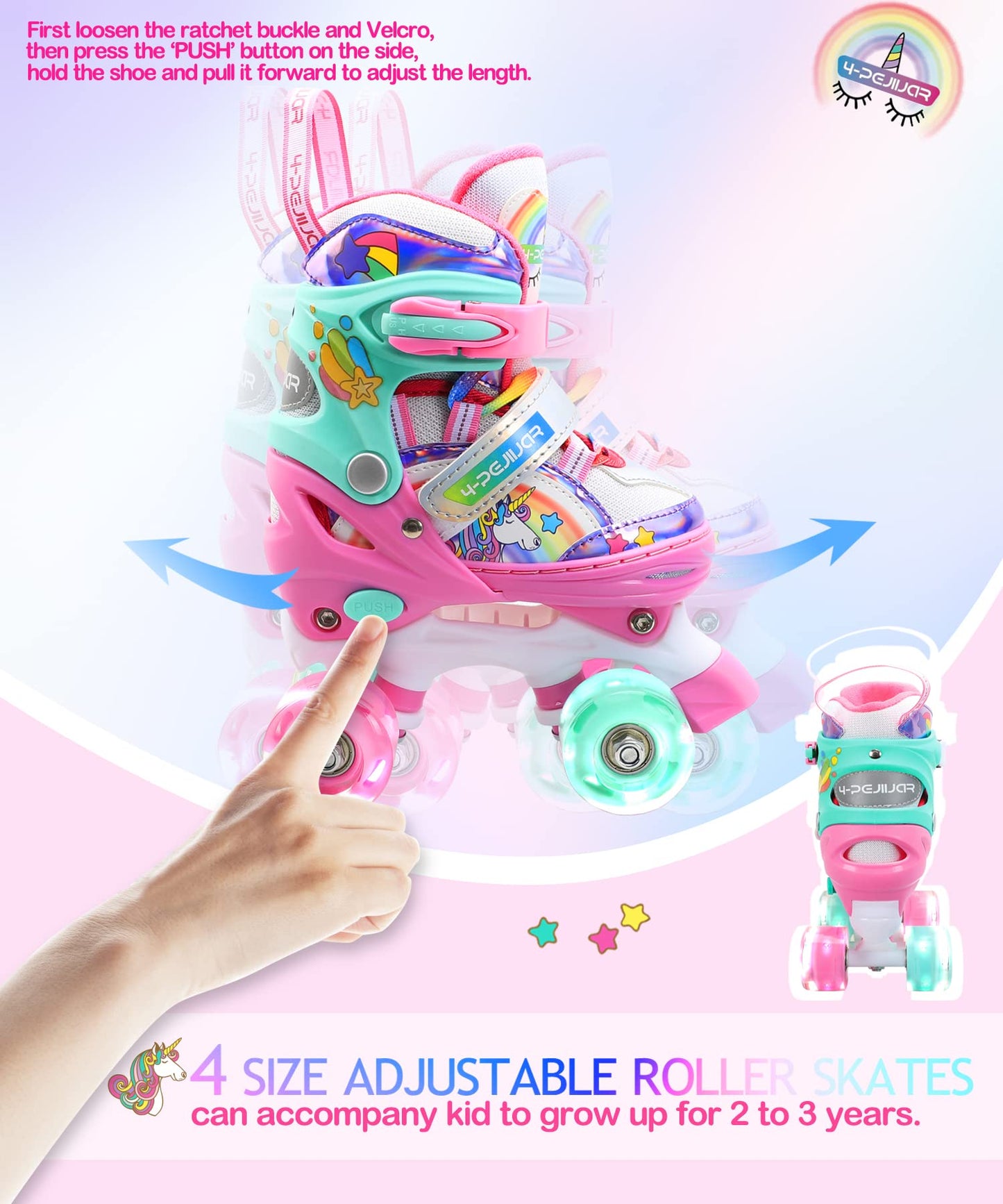 Children's unicorn roller skates for girls. Suitable for ages 6-12. With glowing wheels, 4-wheel adjustable beginner quad roller skates for Christmas and birthday gifts.