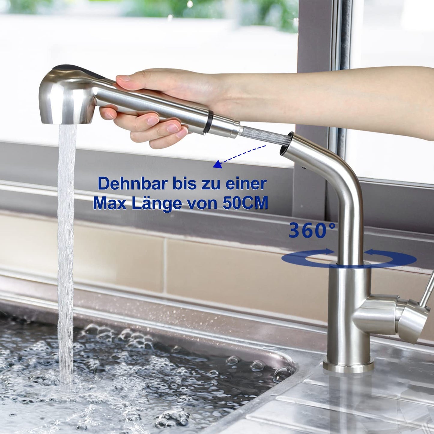 Wall-mounted kitchen faucet with pull-out sprayer: Brushed stainless steel faucet with hand shower mixer tap sink faucet with 2 spray modes 360° rotatable kitchen tap for sink garden bathroom
