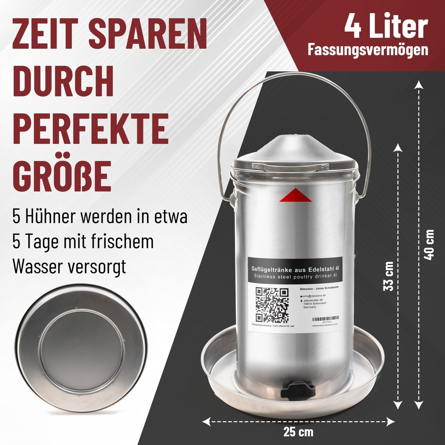 Chicken waterer 4 liters stainless steel: Poultry drinker metal easy cleaning | Heated chicken drinker compatible with candles + drink warmer for chickens.