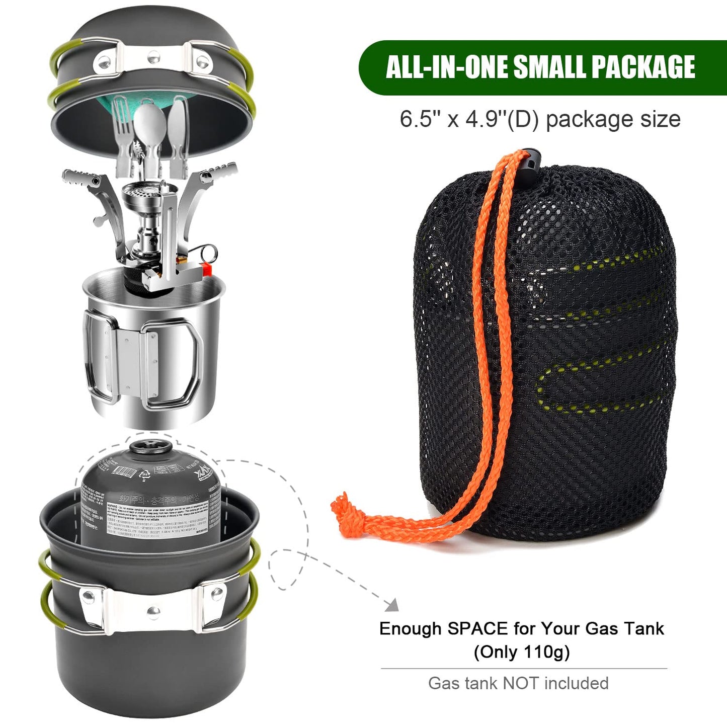 Odoland camping cookware set, pots and pans with compatible mini stove, cup, fork, knife, spoon, stainless steel, for outdoor, picnic, camping.