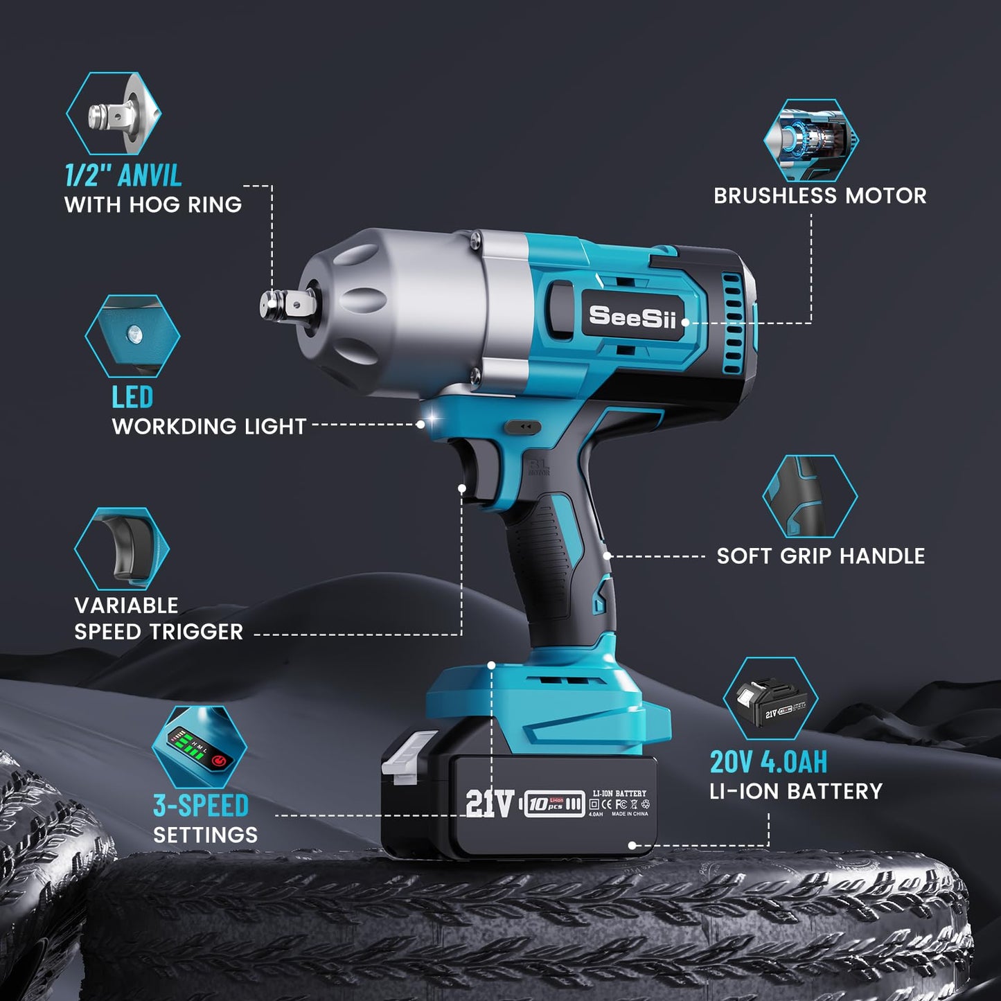 Seesii 1300Nm Cordless Impact Wrench, 8000mAh 1/2" Powerful Electric Impact Wrench for Car Tire Change & Loosening Lug Nuts, 3-Speed Gearbox, Brushless Motor, Comes with 2 Batteries & Charger.
