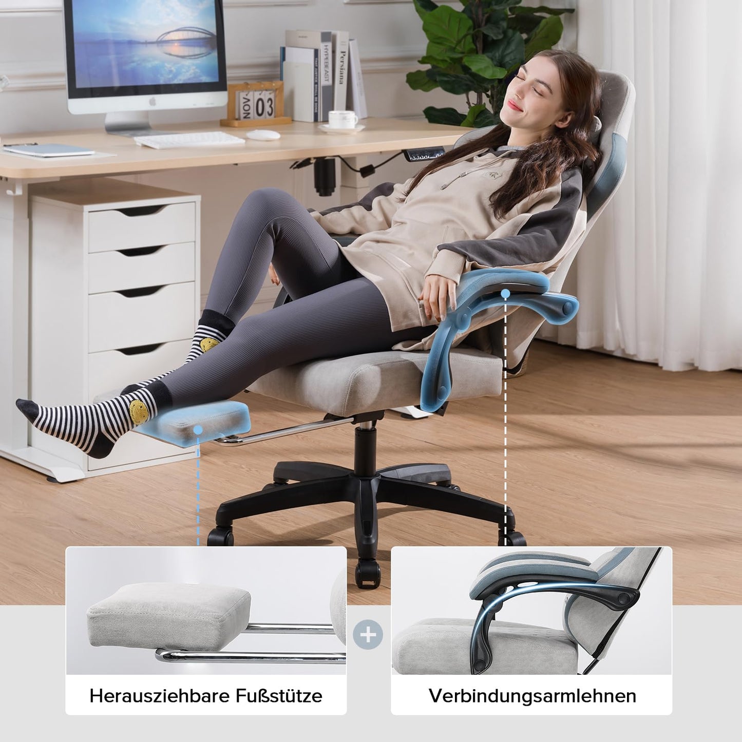 GTPLAYER Gaming Chair Ergonomic Gaming Armchair Desk Chair with Fabric Surface, Spring Seat Cushion, Adjustable Armrests and Footrest Gray