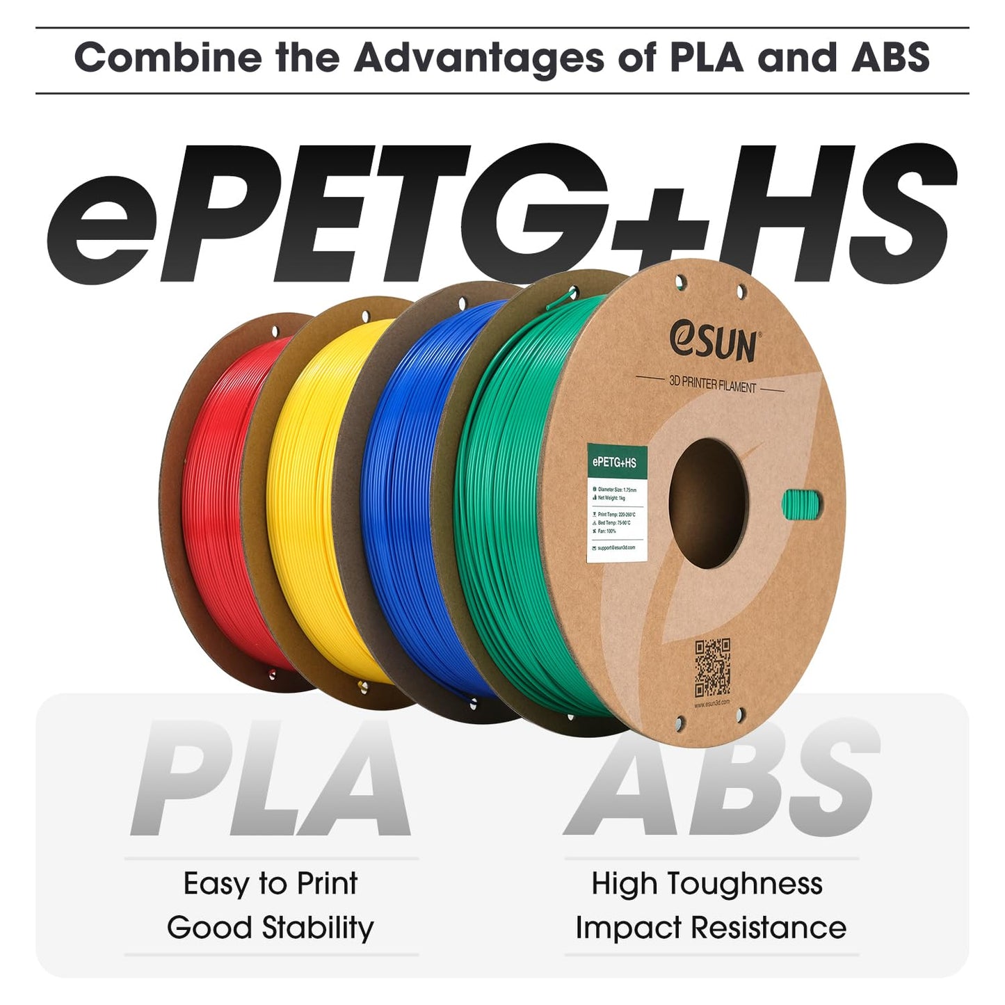 eSUN PETG Filament 1.75mm, PETG+HS High Speed 3D Printer Filament, Accuracy +/- 0.03mm, 1KG spool (2.2 LBS) Speed PETG for 3D High Speed Printers, Solid Black.