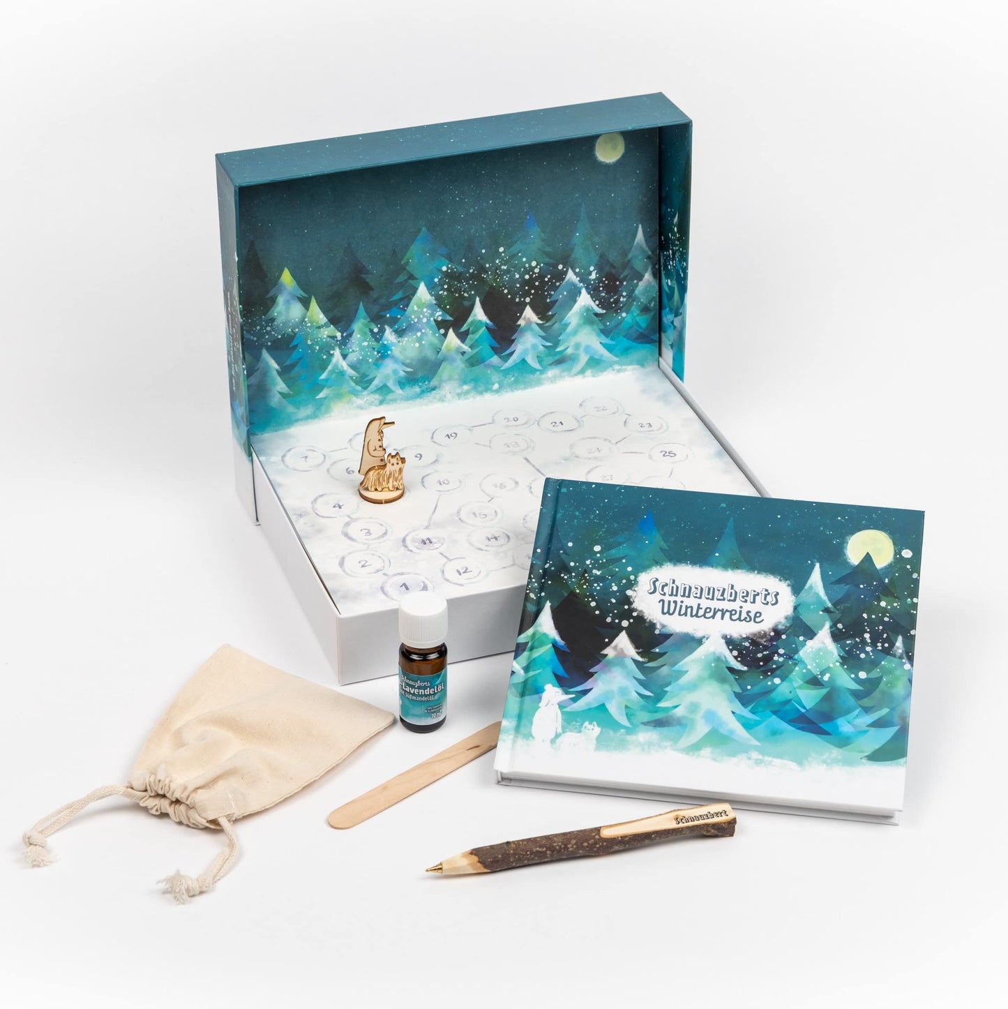 Schnauzbert's Winter Journey - Advent calendar for dog owners - experience box with book, organic essential oil, game board and more accessories, for mindfulness, relaxation and positive dog training.