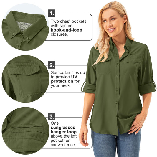 Asphyxiated ladies button-down UV shirt UPF 50+ safari clothing hiking blouse women outdoor cooling quick dry sun protection long sleeve airy shirt(5072 Army Green M)