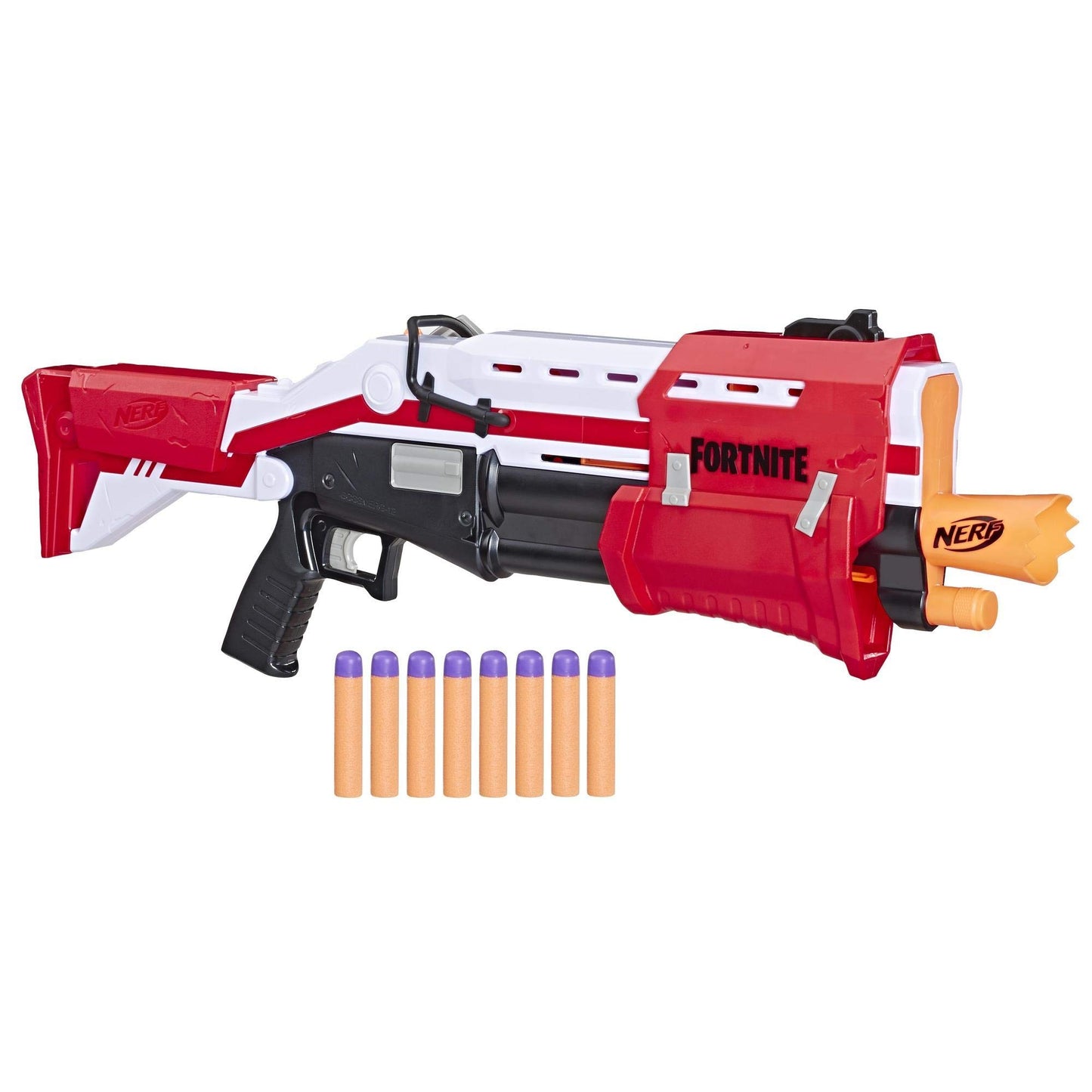 NERF Hasbro E7065EU4 TS Pump-Action Blaster, 8 Mega Fortnite Darts, Dart Storage Compartment - For Teens and Adults Red.