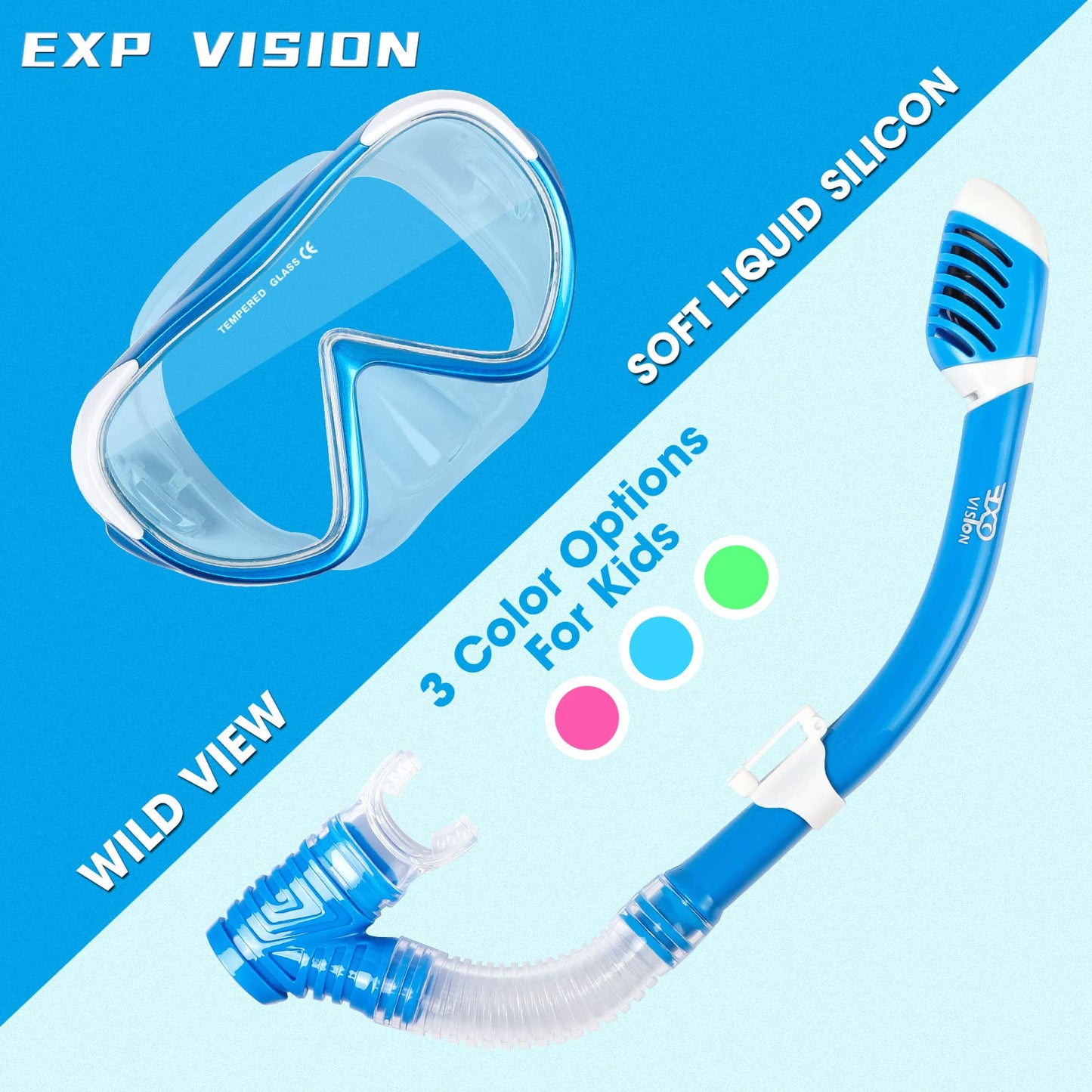 Kids snorkel set with dry snorkel & safety glass diving mask Soft liquid silicone kids diving mask Anti-fog snorkel set for kids 4-14