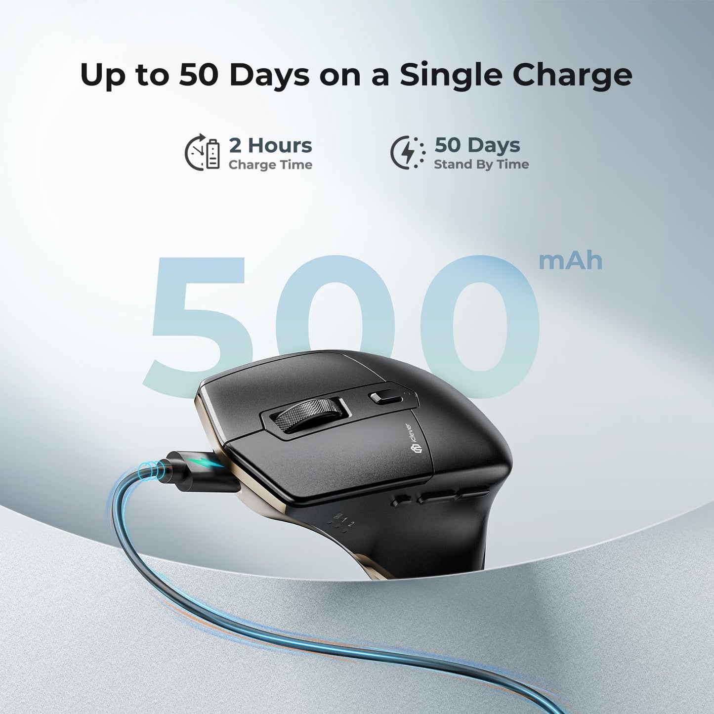 iClever Bluetooth Mouse, Rechargeable Ergonomic Wireless Mouse, Rechargeable Battery, Multi-Device, 800/1200/1600/2000/2400 DPI, 7 Buttons for PC/Laptop/Tablet/MacBook, Black
