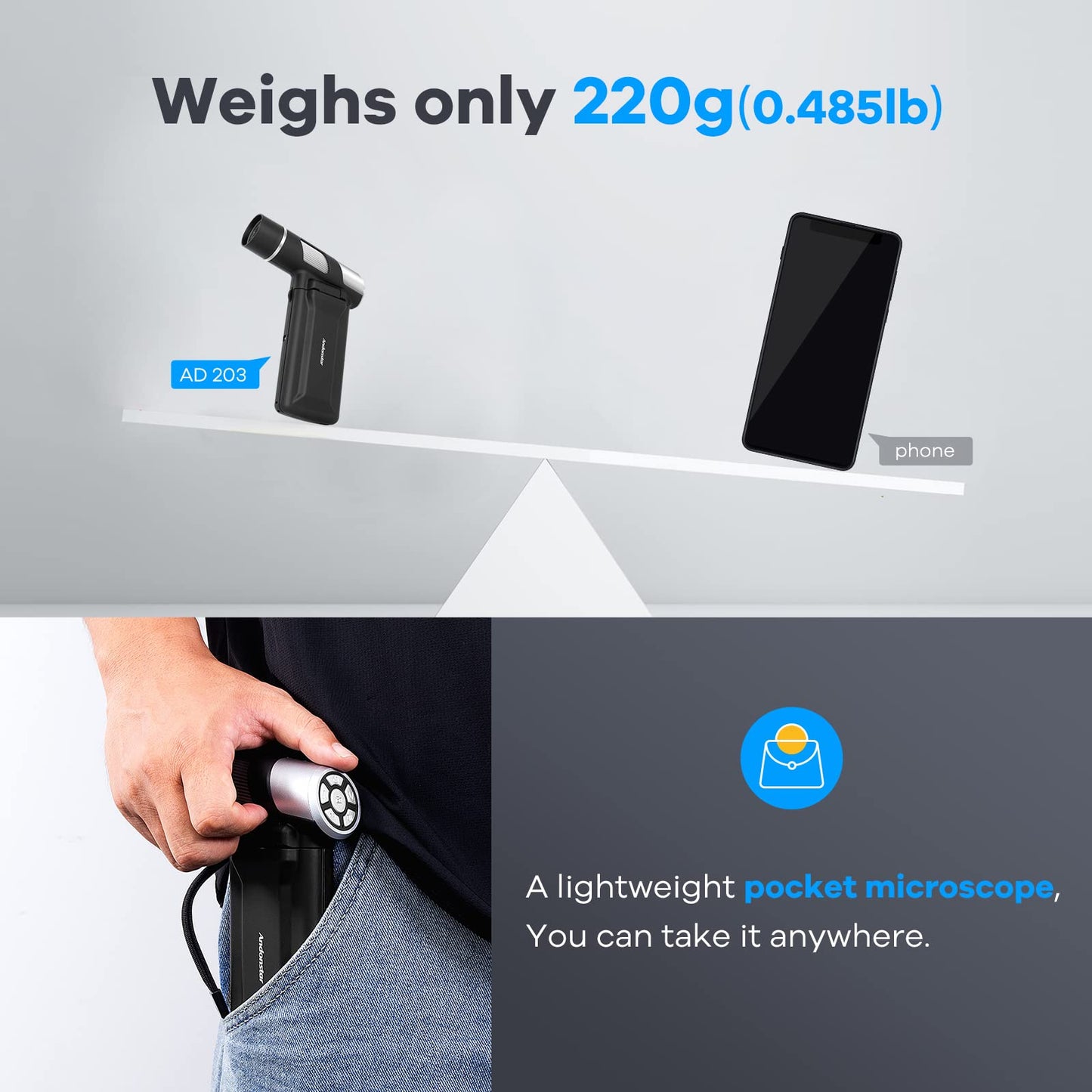 Andonstar AD203 Portable Handheld Digital Microscope, Pocket Microscope with 4-inch screen for kids and adults, Black metal bracket, USB coin microscope, supports PC.