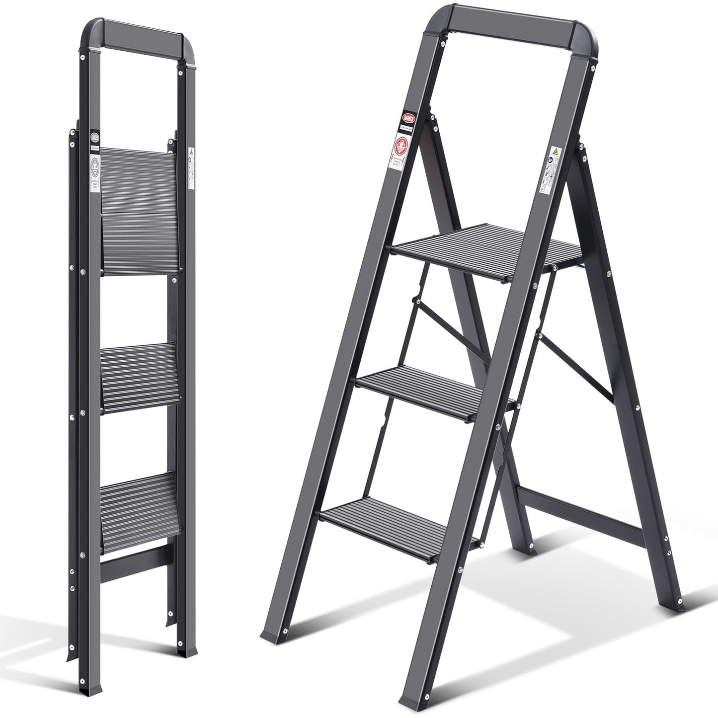 KINGRACK Aluminum Ladder, 3-Step Folding Step Ladder with Handrail, 150kg Capacity, Non-Slip Household Ladder with Locking Mechanism, Aluminum Ladder for Home, Office, Garden, Black.