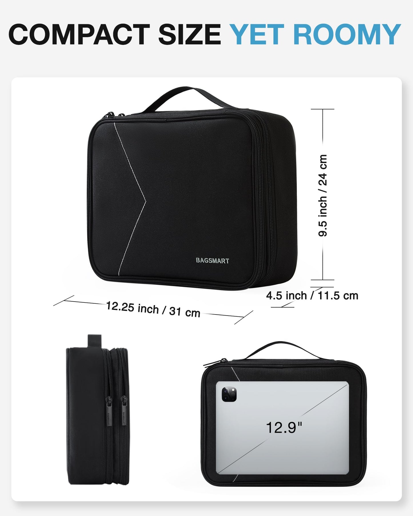 Bagsmart cable bag, double layer electronic organizer travel electronic bag for cables, charger, iPad, iPad Air, tablet up to 10.5 inches, adapter, mouse, SD cards (Black 1)