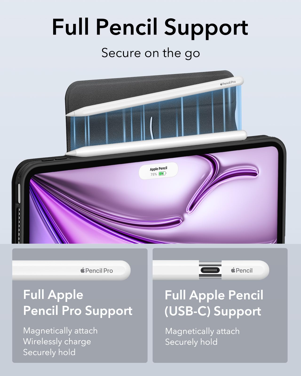 ESR iPad Air 13 inch M3/M2 Case, iPad Air 2025/2024 Case with Pencil Holder, detachable magnetic cover, vertical stand, fully supports Pencil Pro/USB-C, Rebound 360 Series, Black.