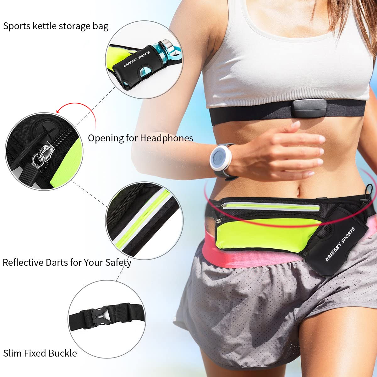 Guzack waist bag for water bottle, sports waist pack for outdoor fitness like cycling, hiking, and walking. Running belt fits phones up to 7.0", bottle not included.