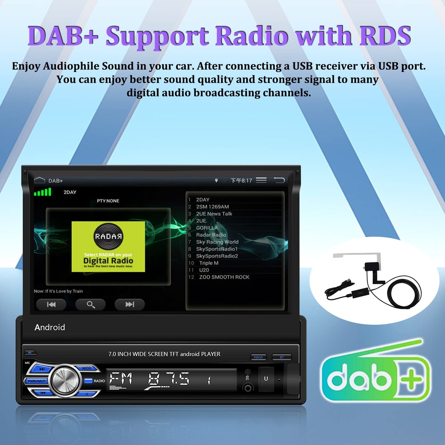 CAMECHO DAB+ Android car stereo 1 Din with navigation, 7 inch retractable screen with Bluetooth hands-free calling Mirror-Link AUX-in FM USB+backup camera & microphone