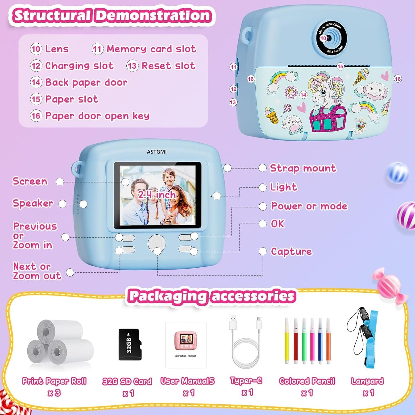 Instant Camera for Kids, Children Camera Compact Cameras 1080P HD Instant Printing of Photos, Birthday Gift Christmas Gift Toy for 3 4 5 6 8 7 9 10 11 Year Old Girls Boys 3 Rolls of Photo Paper